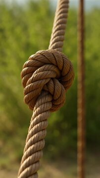 Close-up of a large complex knot on a thick brown rope used for securing, climbing, or nautical purposes, symbolizing strength, connection, and problem-solving