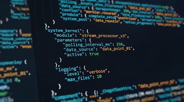 Close up view of software code editor screen showing JSON configuration settings for system kernel module and logging parameters on dark background