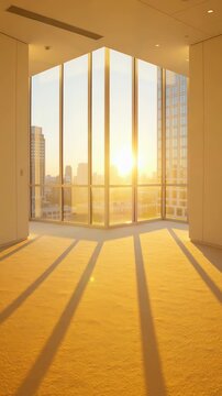 Golden morning sunlight casting long shadows across the floor of an empty modern apartment, illuminating the room as the sun rises over the city skyline