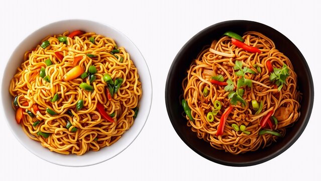 chinese food noodles, spicy hakka noodles, delicious asian chow mein noodles, stir fried noodles in white and black bowls