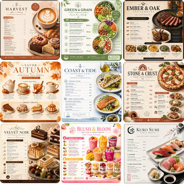 Colorful food menus with various dishes in modern design layouts  