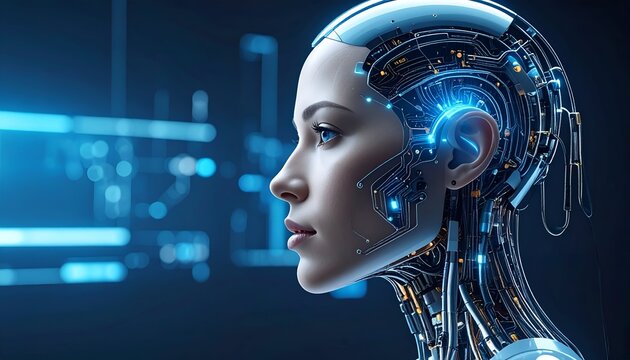 Futuristic Female Robot with Glowing Brain and Cybernetic Body.