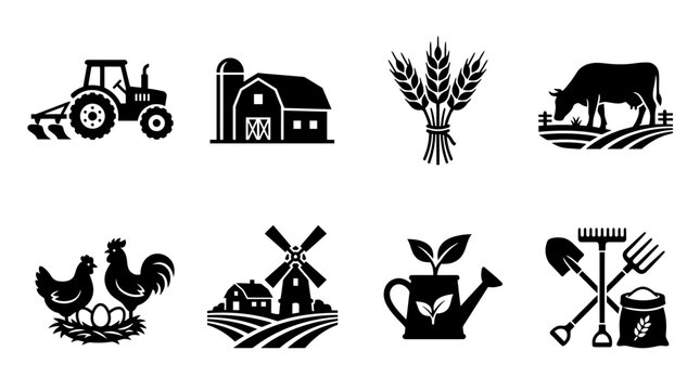 Agriculture and farming icons set, black silhouette farm symbols including tractor and barn, organic ranch and livestock vector elements