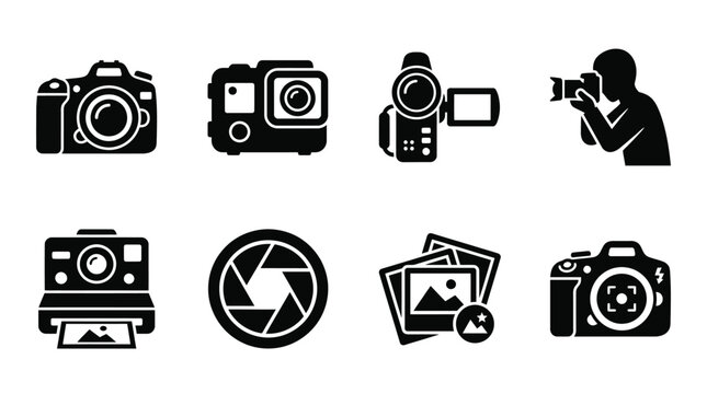 Photography icon set with 8 black vector symbols, camera equipment and digital imaging icons, professional photographer and video gear collection