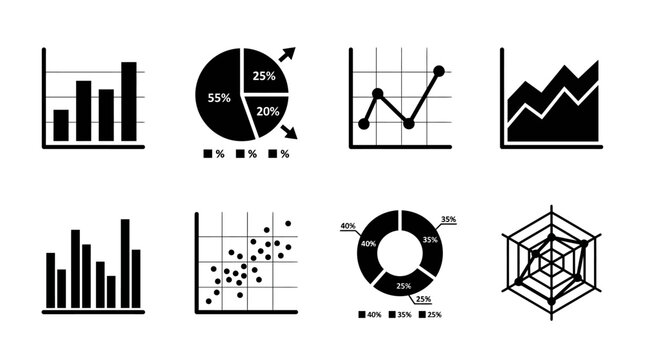 Collection of various data visualization charts and graphs, including bar charts, pie charts, scatter plots, line graphs, and spider charts for business analytics and reporting