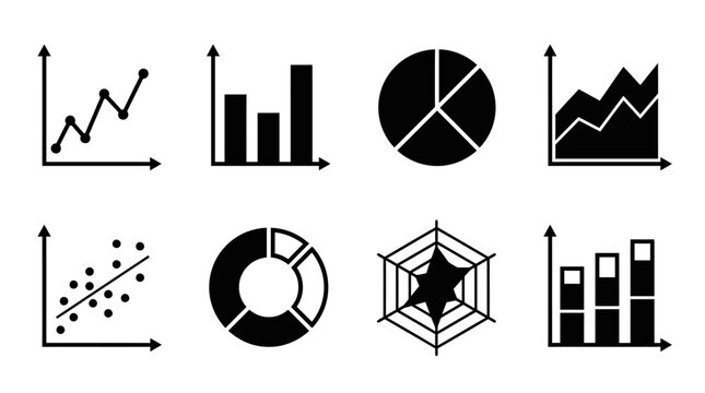 Collection of diverse data visualization charts, including bar graphs, line charts, pie charts, and scatter plots, suitable for analytics and reporting