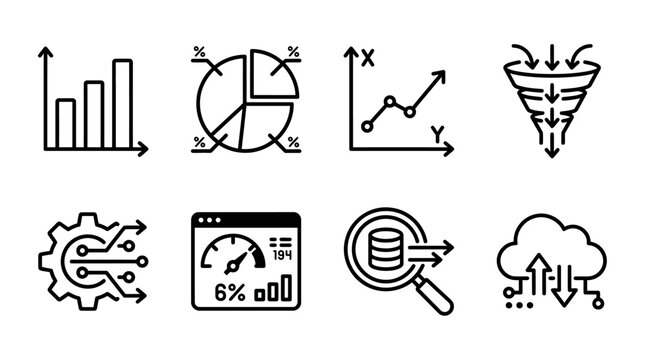 Set of digital analytics and data processing icons, representing statistics, growth, performance, and cloud technology for business and information systems