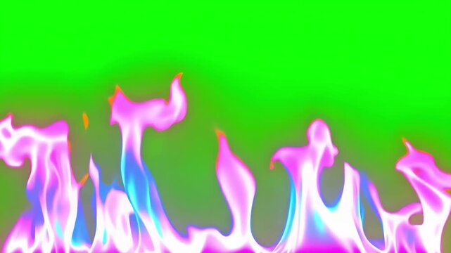 Colorful neon flames burning on empty green screen background, vibrant fire animation with glowing rainbow colors, isolated for chroma key compositing, visual effects and motion graphics projects