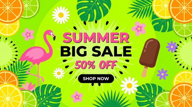 Summer Big Sale promotional banner, tropical seasonal discount poster with pink flamingo and exotic fruits, colorful retail marketing background