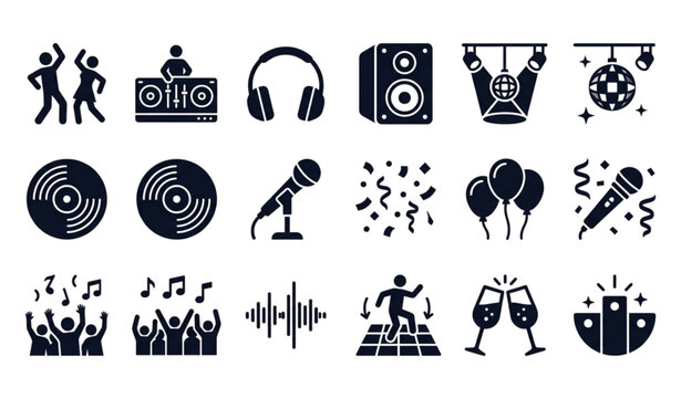 Party and Dance Solid Icon Set with DJ Disco Music and Celebration Vector Glyph Collection
