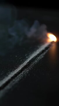 Gunpowder burning in a line on a black background, creating a fast-moving trail of fire, sparks, and smoke representing a short fuse or imminent danger
