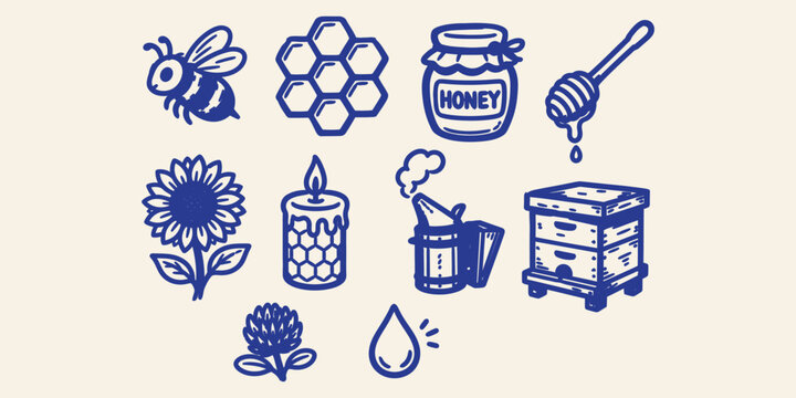 Beekeeping and organic honey production doodle icon set with bee jar honeycomb smoker and beehive vector illustration