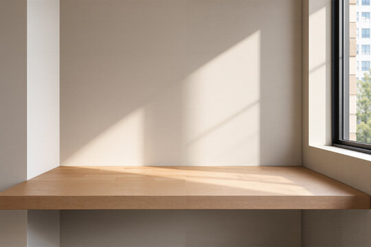 Simple wooden window wall shelf with warm sunlight streaming through window glass