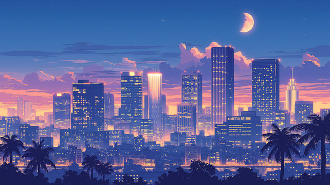 満月と街並みを描いた夜景イラスト、都市風景、高層ビル、摩天楼、スカイライン、夜空、星、街明かり、遠景、パノラマ、風景、背景、挿絵、壁紙、バナー、ポスター、表紙、コピースペース、広告、幻想的、静寂、ロマンチック、癒し、アニメ風、現代、日本、都会、夕暮れ、薄暮、夜、空、ビル群、街の眺め、旅行、観光、景観、きらめき、都市夜景、夜景素材、イラスト素材、都市背景、ヘッダー、サムネイル、月明かり、ポストカード