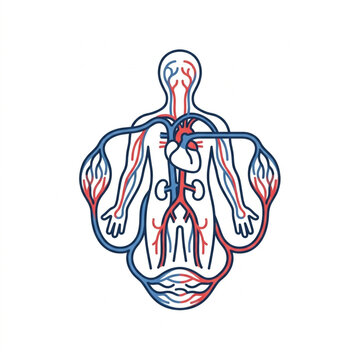 Human circulatory system diagram with heart and blood vessels.