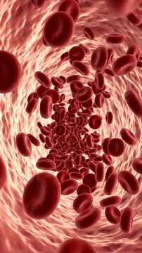 Red Blood Cells Flowing Through Artery - Close-up view of red blood cells (erythrocytes) circulating within a blood vessel.