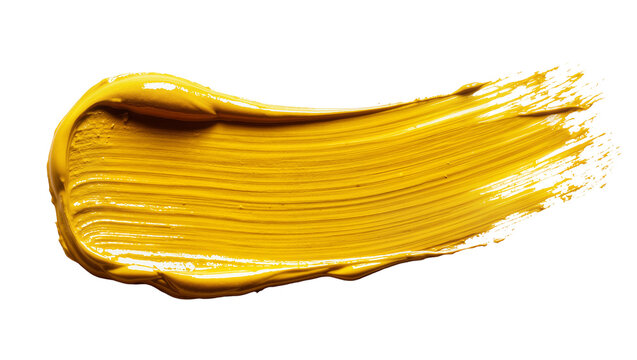 Thick yellow oil paint brush stroke textured and glossy, isolated on transparent background