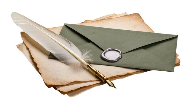 Antique quill pen resting on aged parchment paper and green envelope with wax seal, isolated on transparent background