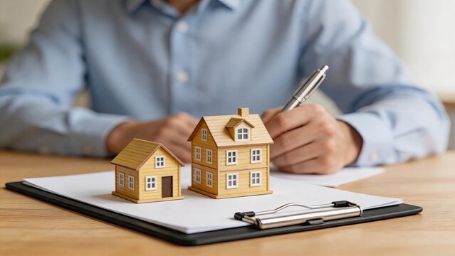 Real estate agent signing property purchase contract, wooden house models on clipboard, mortgage loan agreement concept, home buying and selling process, financial investment in