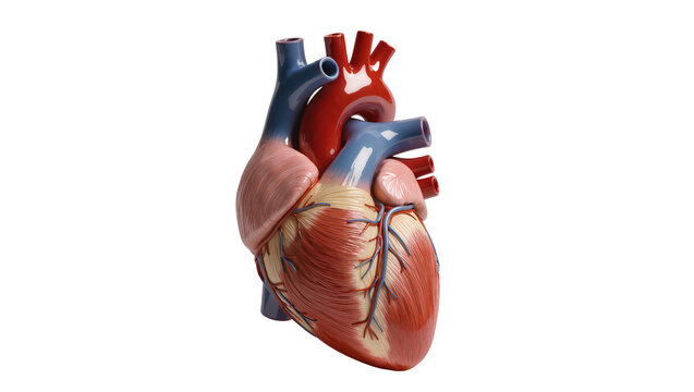 Anatomical human heart model with detailed arteries and veins, isolated on transparent background