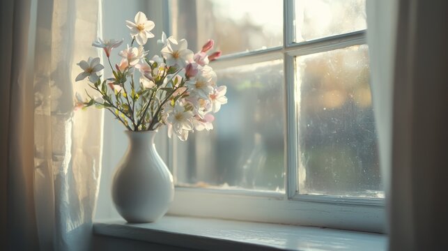 A simple vase filled with white and pink spring flowers, placed on a windowsill to catch the light.