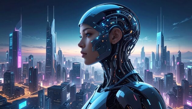 Detailed mechanical robot looking over a sprawling futuristic city.