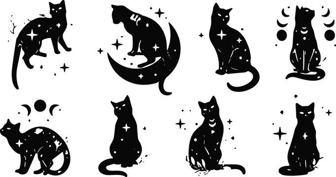 Mystical cat silhouettes with moon star celestial designs, cosmic fantasy vector art, black graphic magical feline illustration artwork elements