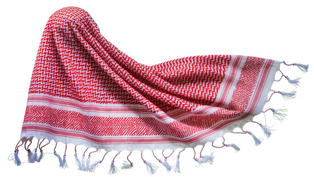 Red and white checkered keffiyeh scarf with tassels, isolated on transparent background
