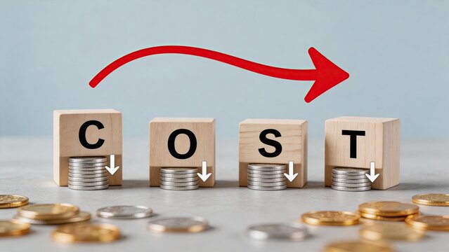 Cost reduction financial concept with wooden blocks spelling cost, coins stacks decreasing, and red arrow pointing up indicating budget savings and profit growth.