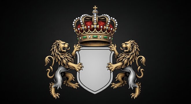 Ornate Royal Coat of Arms with Lions and Crown on Dark Background