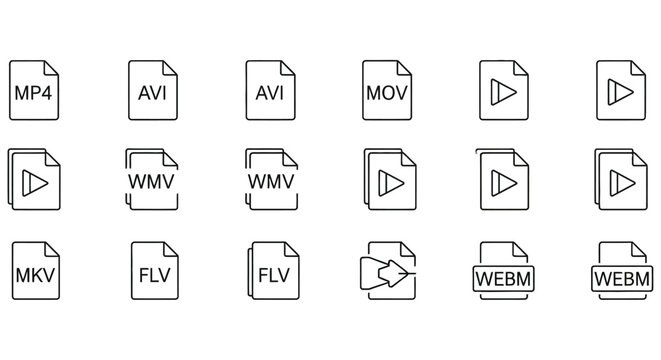 Video file format icons black line style on white background