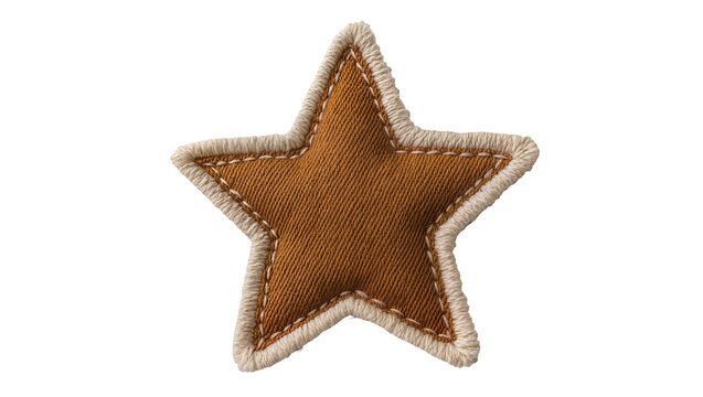 Brown fabric star patch with cream stitching, isolated on transparent background
