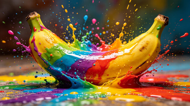 Drenched in Color: A Banana Covered in Rainbow Paint Drops