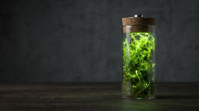 A glass jar with a wooden lid contains green spirulina on a dark table indoors.