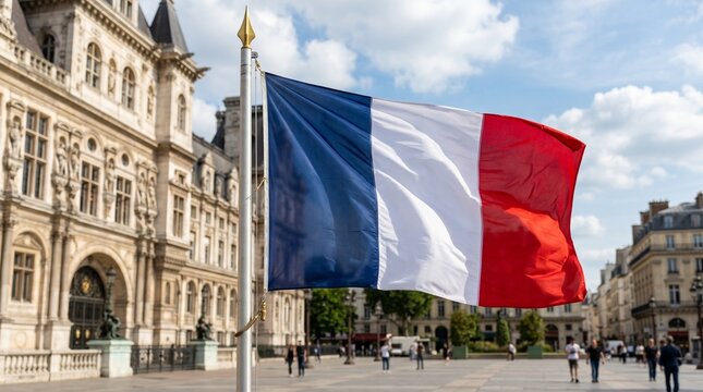 French tricolor flag waves proudly above ornate historic buildings, public square alive with people, architecture reflecting heritage, culture, unity, resilience, and national identity.