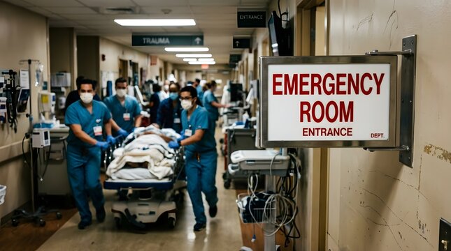 Medical team in scrubs rushing a patient on a gurney down a hospital corridor past an emergency room entrance sign, emergency medicine critical care and urgent healthcare response in a busy hospital