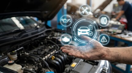 Fototapeta premium Mechanic open hand under a raised car hood with glowing holographic auto service icons floating above, digital vehicle diagnostics smart car maintenance and automotive repair technology in the garage