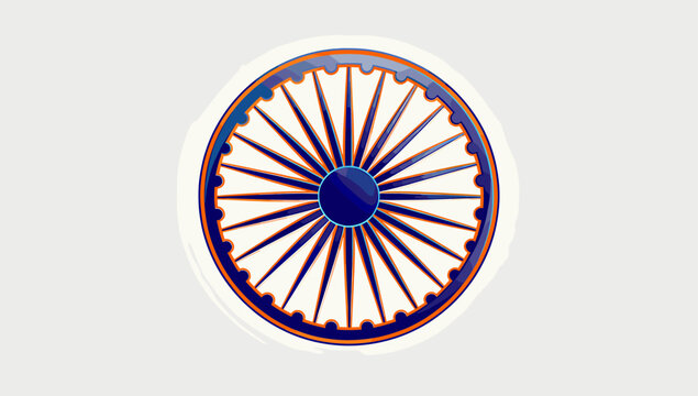 Detailed illustration of the Ashoka Chakra, a blue wheel with 24 spokes, symbolizing dharma and justice, prominently featured on the national flag of India.