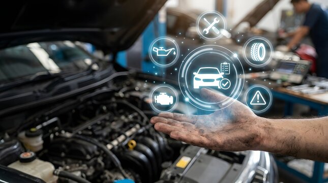 Mechanic open hand under a raised car hood with glowing holographic auto service icons floating above, digital vehicle diagnostics smart car maintenance and automotive repair technology in the garage