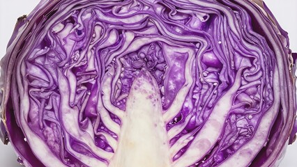 Obraz premium Macro Cross-Section of a Fresh Red Cabbage Showing Intricate Leaf Patterns