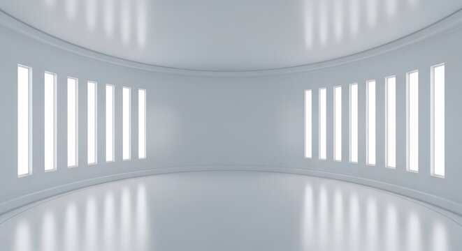 Modern Minimalist Empty White Circular Room with Large Windows and Glossy Reflective Floor 3D Render