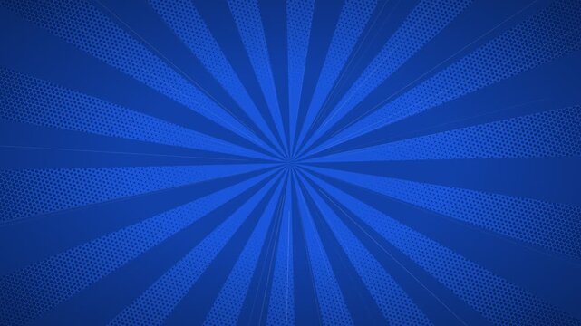 Blue sunburst rays with halftone comic texture rotating in a seamless loop for retro video background