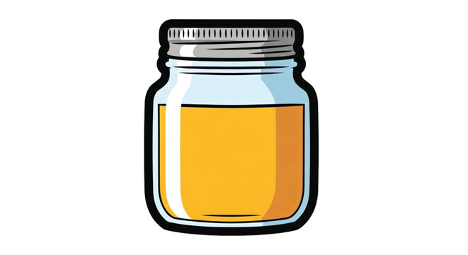 Glass jar with yellow liquid.