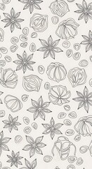 Fototapeta premium Black Botanical Spice Line Pattern Arranged on White Background