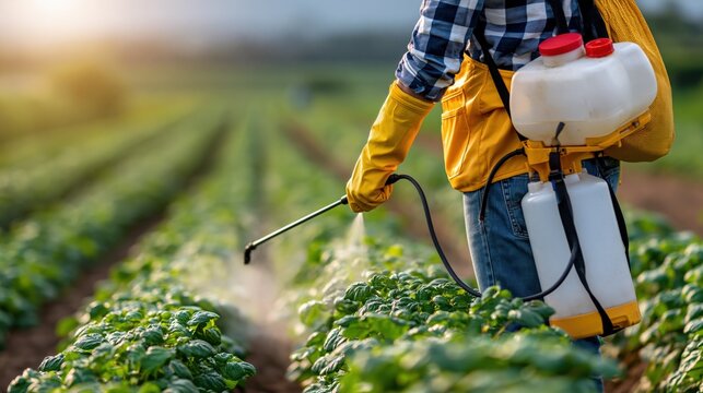 Farmer spraying pesticides on crops in a field during sunset, agricultural protection, sustainable farming concept