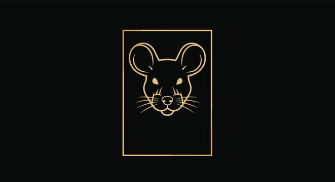 Golden outline of a mouse head inside a thin rectangle frame set against a solid black background for elegant design.