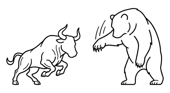 Bull and bear stock market fight concept, financial investment and economic trend line art vector illustration