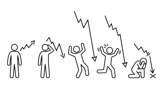 Stock market crash and financial crisis concept, stick figure investor panic and anxiety vector illustration