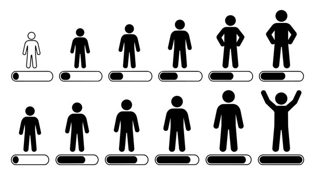 Career development and personal growth progress bar concept, stick figure skill level up and stage evolution vector illustration set