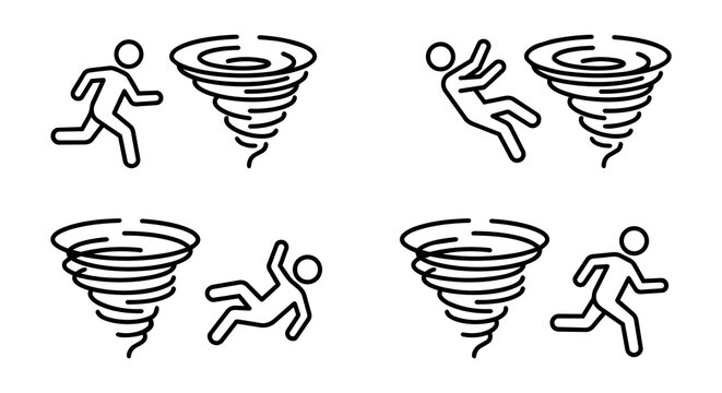 Tornado hit and crisis escape concept, stick figure facing storm disaster and chaos vector illustration set